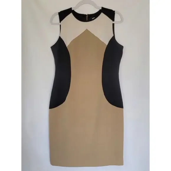 Classic DressBarn Colorblock Black Tan White Sheath Midi Dress Women's Size 8 - Picture 8 of 8